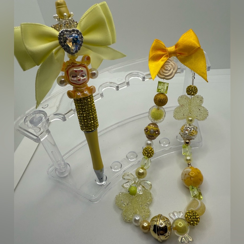 Yellow Beaded Handbag Charm & Pen Set